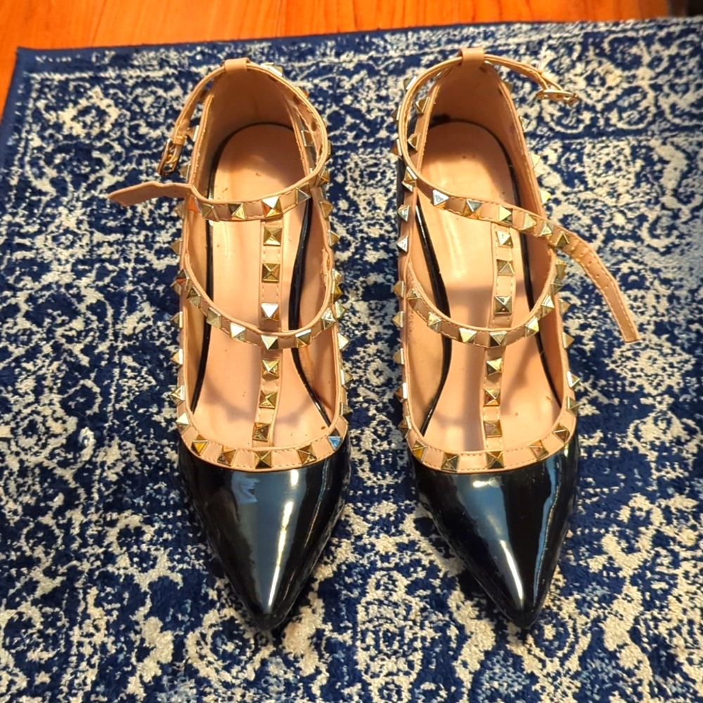 Studded patent black t-strap Heels